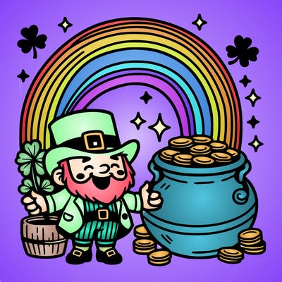 st patrick day with rainbow and gold with leprechaun