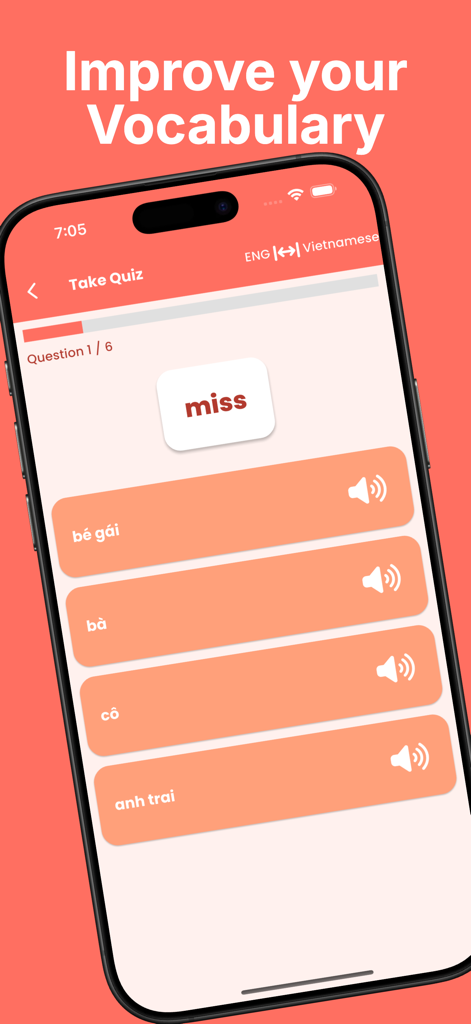 Learn Vietnamese For Beginners - A multiple choice vocabulary quiz on the Learn Vietnamese For Beginners app showing a translation exercise with audio buttons.