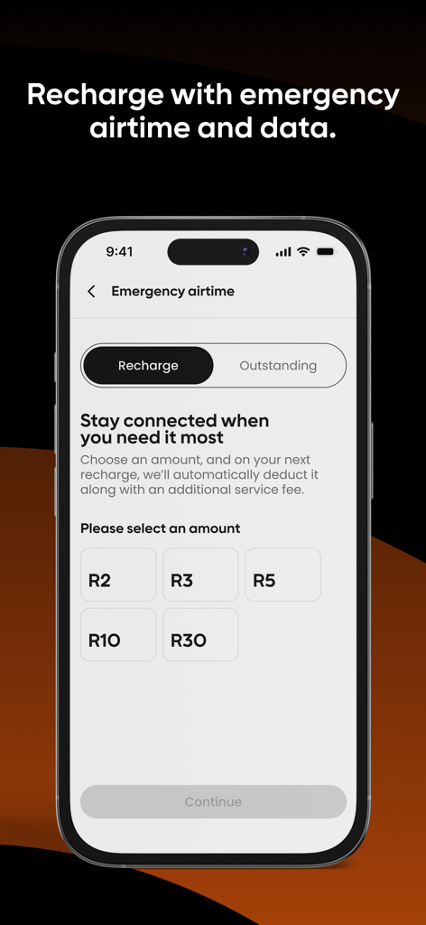 Cell C - Cell C app screen for emergency airtime and data recharge options
