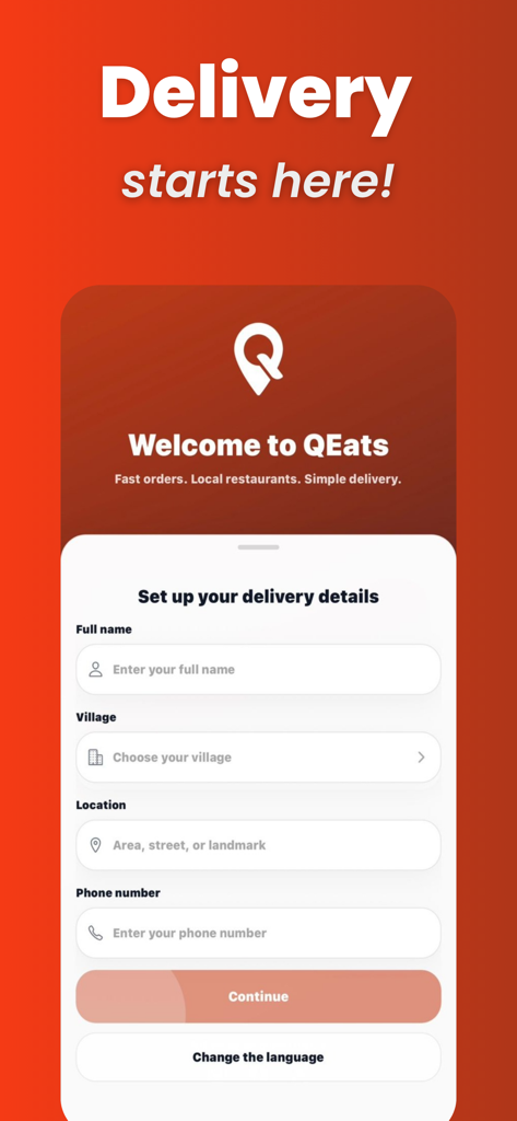QEats - QEats food delivery app welcome screen with a form to set up delivery details