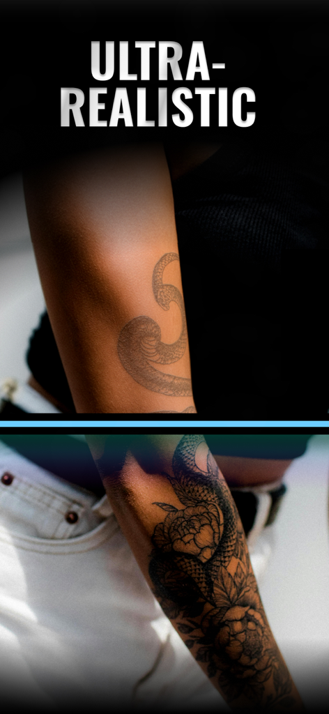 Tattoo Design Creator App - シンプルなヘビの輪郭と、女性の腕に施された詳細でリアルな花のヘビのタトゥーデザインのサイドバイサイド比較