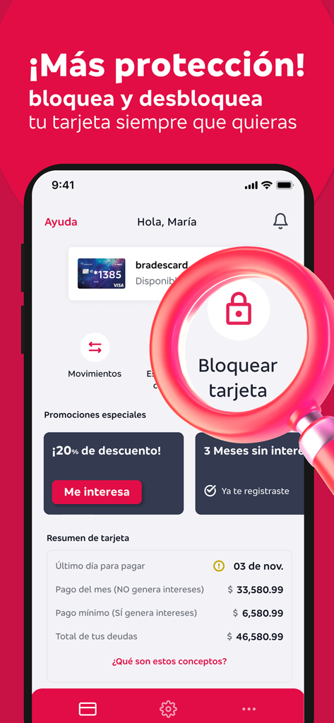 Bradescard mobile app interface highlighting the credit card lock and unlock security feature