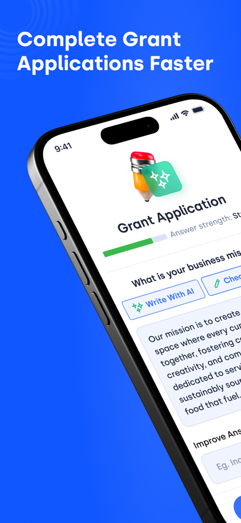 Smartphone displaying the Skip app grant application feature with AI writing assistance.