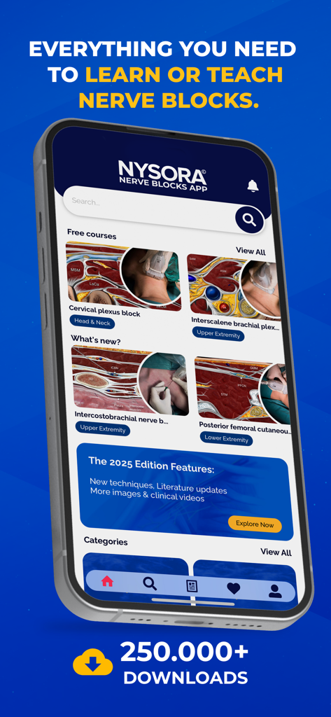 NYSORA Nerve Blocks app home screen showing ultrasound-guided anesthesia courses and medical anatomy illustrations