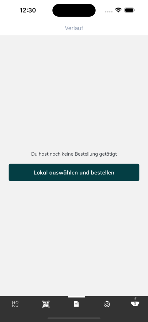 HONU Tiki Bowls - Empty order history screen in the HONU Tiki Bowls app with a button to select a location and start an order.