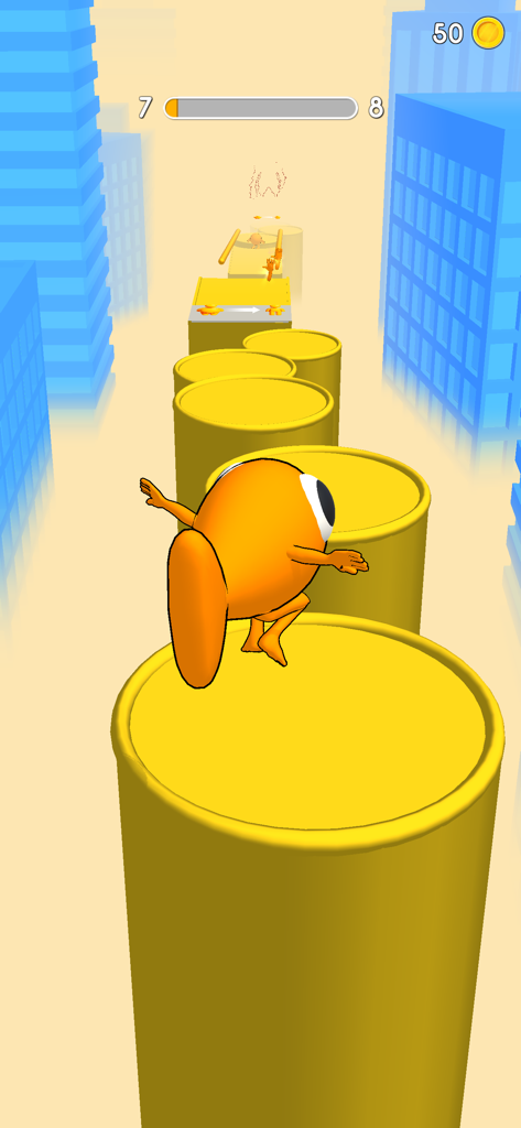 Steve Le Poisson - Steve the fish with legs jumping on yellow platforms in a city