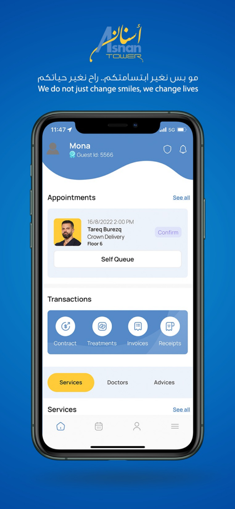 Asnan Tower - Asnan Tower mobile app dashboard showing dental appointments and transaction history.