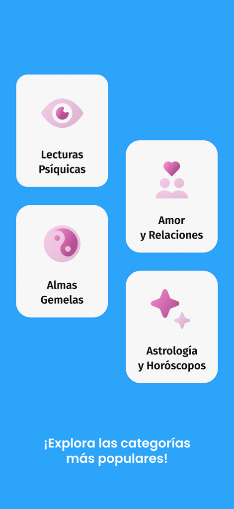 Una pantalla de menú de la aplicación Psíquicos que muestra íconos y texto para lecturas psíquicas, amor y relaciones, almas gemelas y categorías de astrología.