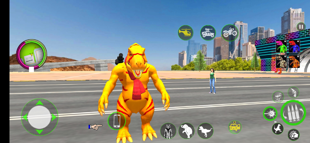 Animal City Rampage Games - Un personaje dinosaurio amarillo gigante de pie en una calle de la ciudad dentro de la interfaz del juego móvil Animal City Rampage.