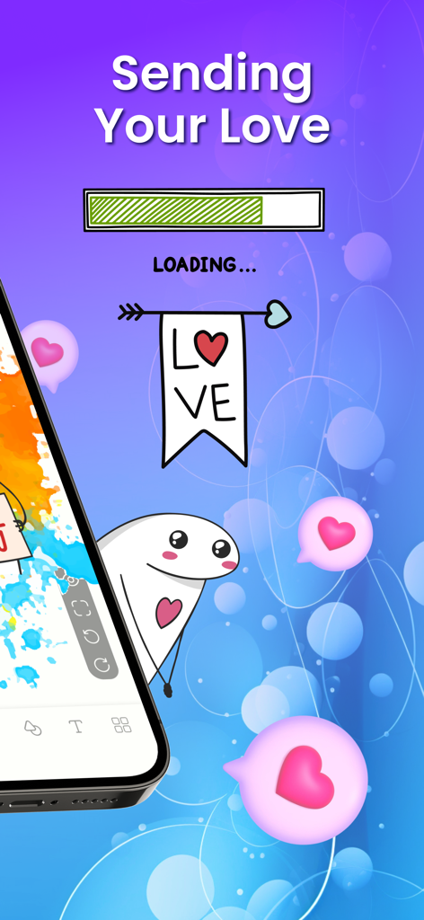 Drawing Together on Lockscreen - A cute loading screen in the app with a progress bar and decorative heart doodles labeled Sending Your Love