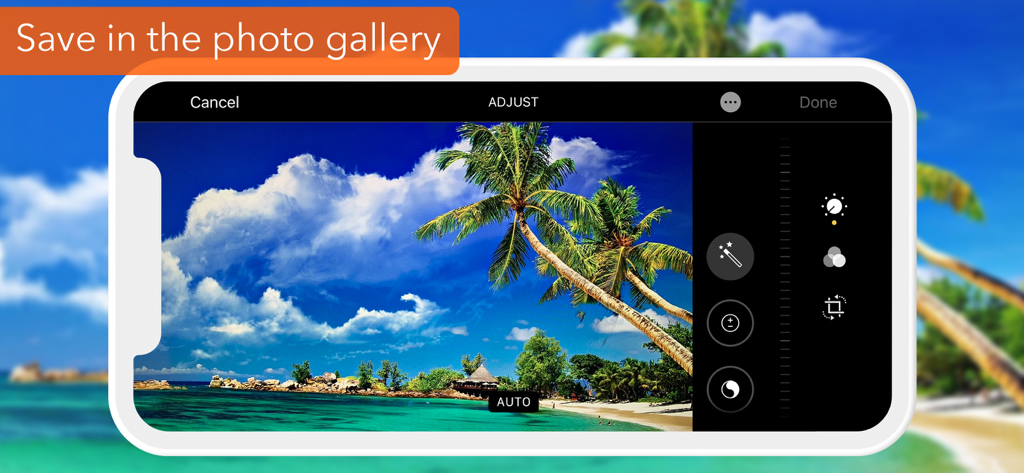 Self Timer - Multi shot photo - Interface de l'application Retardateur affichant les outils de retouche photo sur fond de plage tropicale et une bannière « Enregistrer dans la galerie ».