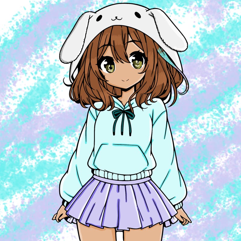 pretty anime girl wearing a fluffy hoodie with bunny ears on the hood and a skirt