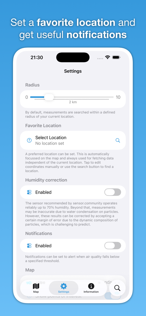 Breathe - Air Quality Monitor - Breathe app settings screen showing options for favorite location radius and air quality notifications