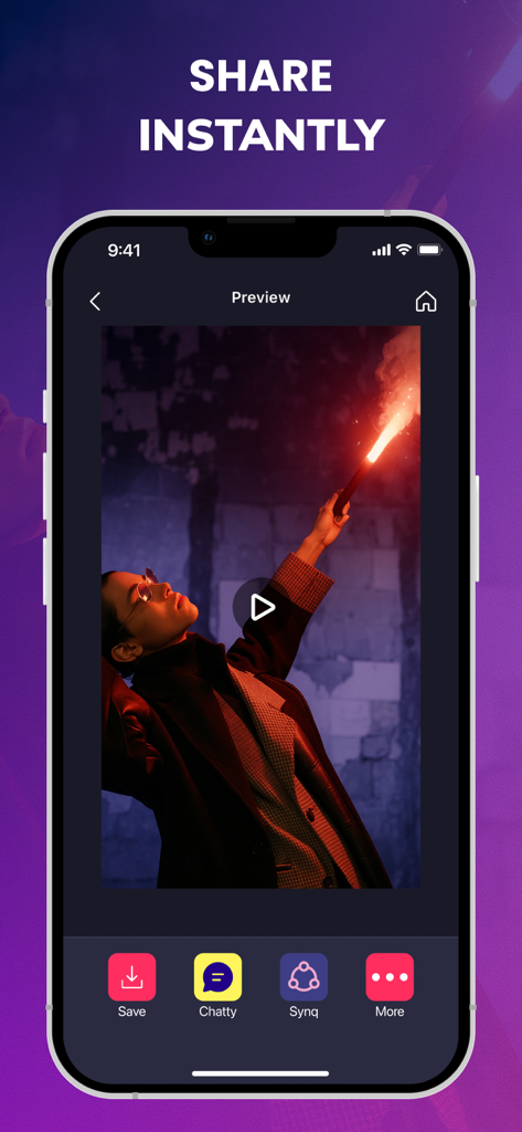 Pantalla de vista previa de video de la aplicación Magic FX mostrando un video con un efecto de fuego y opciones para compartir.
