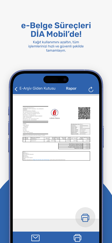 Dia Mobil app interface displaying a digital invoice for mobile e-document management