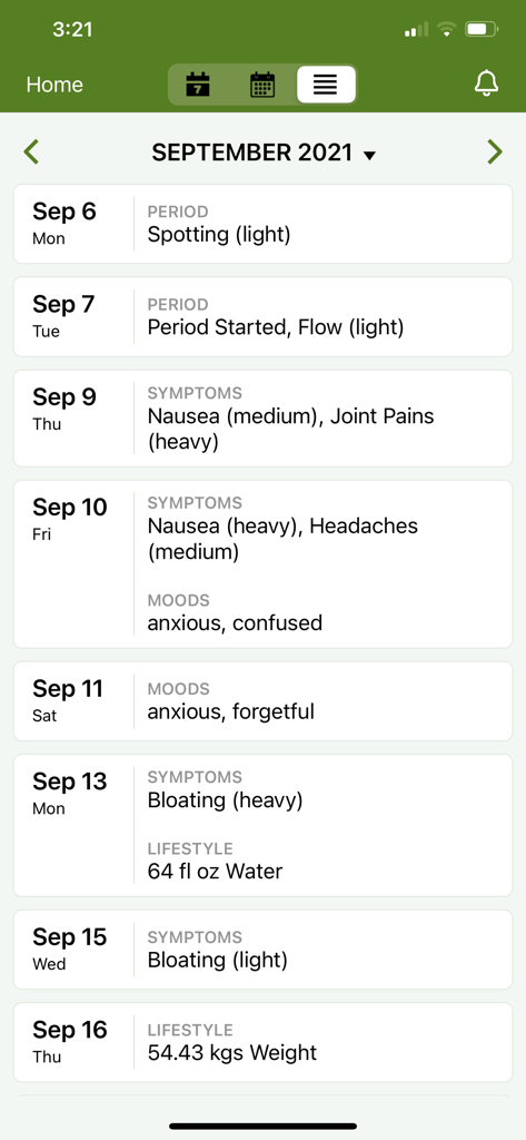Captura de pantalla de la aplicación Period Tracker que muestra una lista de síntomas diarios, estados de ánimo y notas de salud para septiembre.