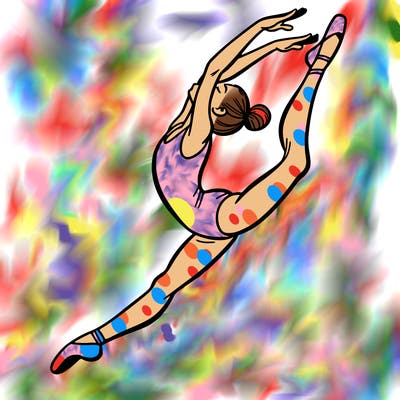 gymnast doing a leap in a leotard with a bent back leg