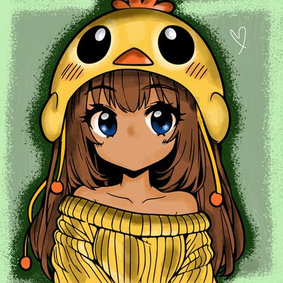 anime girl with chick shaped hat with sweater with bare shoulders with bangs covering them one eye with low tail
