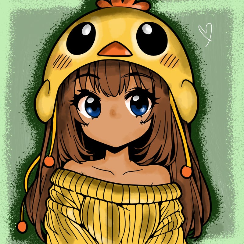 anime girl with chick shaped hat with sweater with bare shoulders with bangs covering them one eye with low tail