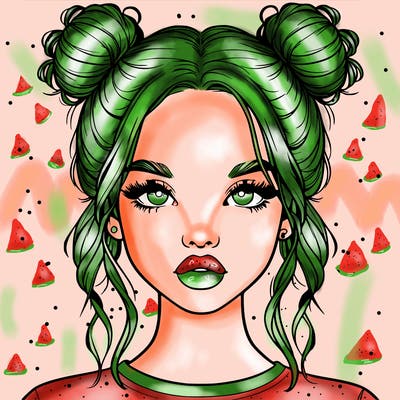 realistic girl with two buns in hair and lips