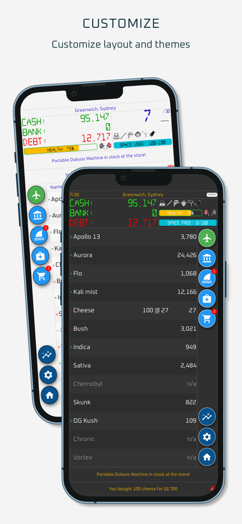 Zwei iPhones, die helle und dunkle Theme-Anpassungsoptionen im mobilen Spiel Dope Wars Weed Edition zeigen