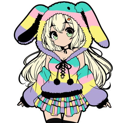 pretty anime girl wearing a fluffy hoodie with bunny ears on the hood and a skirt