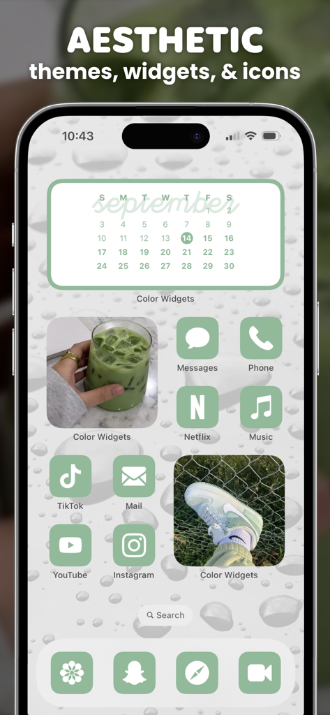 An iPhone home screen featuring a green aesthetic theme with custom widgets and icons from the Color Widgets app.