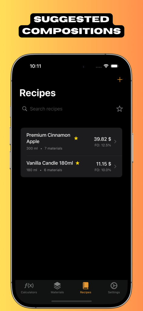 Calculator Candle - Captura de tela da tela de Receitas no aplicativo Calculadora de Velas mostrando formulações premium de vela de maçã com canela e baunilha com cálculos de custo e óleo de fragrância.