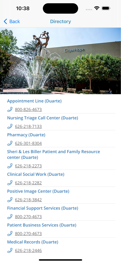 Screenshot of the City of Hope app directory page showing a list of contact phone numbers for hospital departments and services