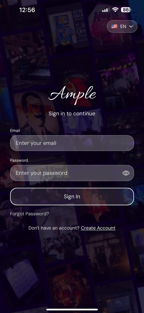 Ample 2.0 - Écran de connexion de l'application Ample 2.0 avec des champs d'e-mail et de mot de passe pour les participants aux conférences médicales.