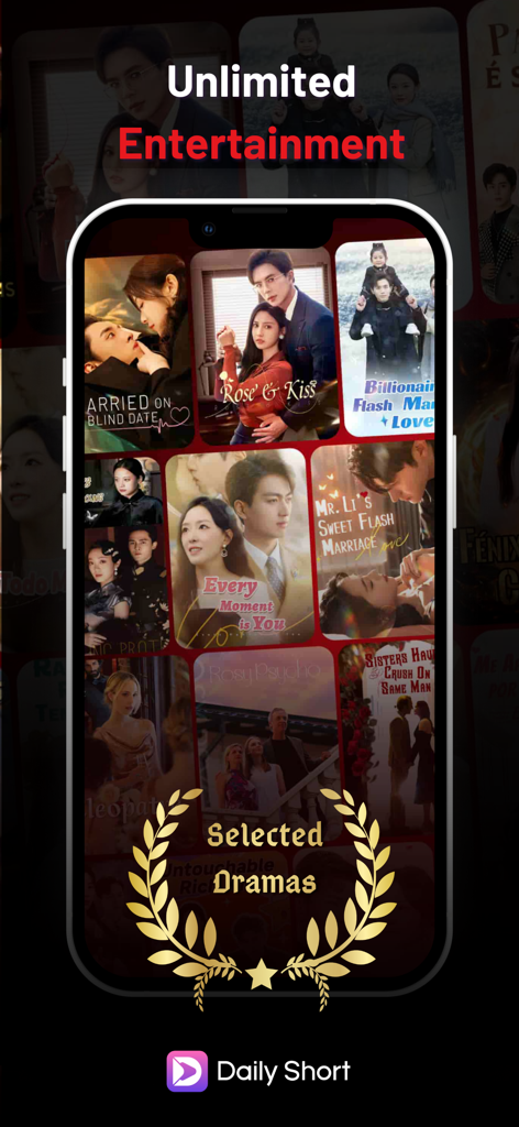 Un smartphone mostrando una colección de títulos de series cortas en la interfaz de la aplicación DailyShort, incluyendo temas románticos y de venganza.