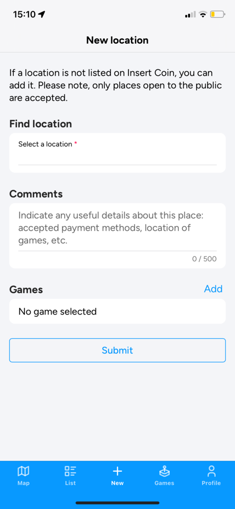 Formulário para adicionar um novo local público com jogos de arcade no aplicativo Insert Coin