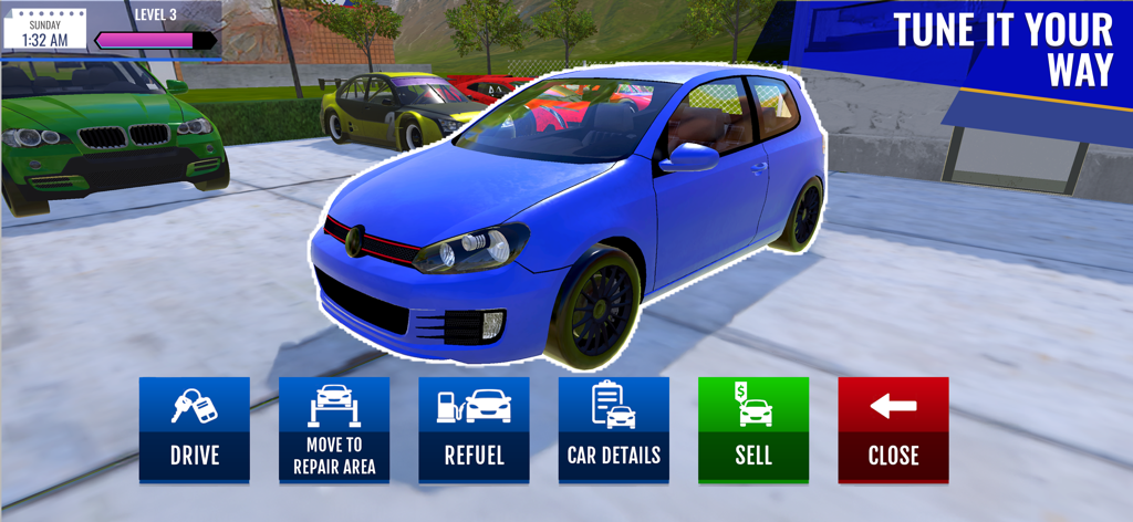 Car Sales Simulator 25 - Un coche azul resaltado en el menú del juego Car Sales Simulator 25 con opciones para conducir, repostar y vender