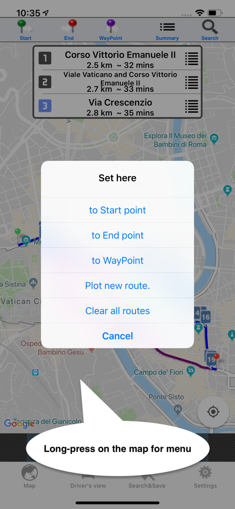 Interface of the Drive around the World app showing a map of Rome with a route selection menu and navigation options.