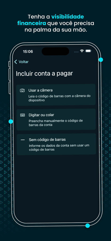 Omie - Interface do aplicativo Omie mostrando opções para adicionar uma conta a pagar usando a câmera ou entrada manual