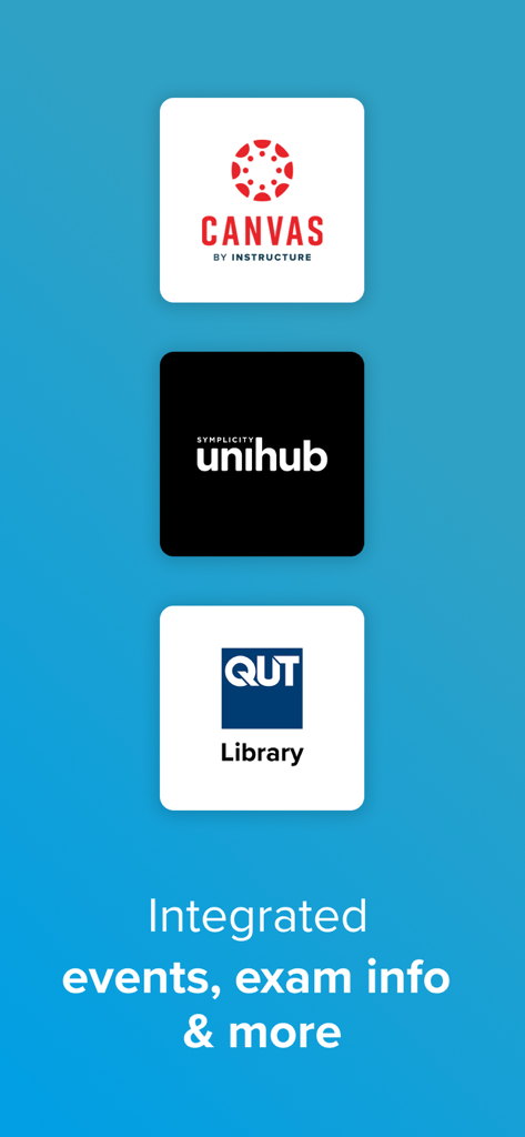 Screenshot showing integration of Canvas, uniHub, and QUT Library within the QUT app