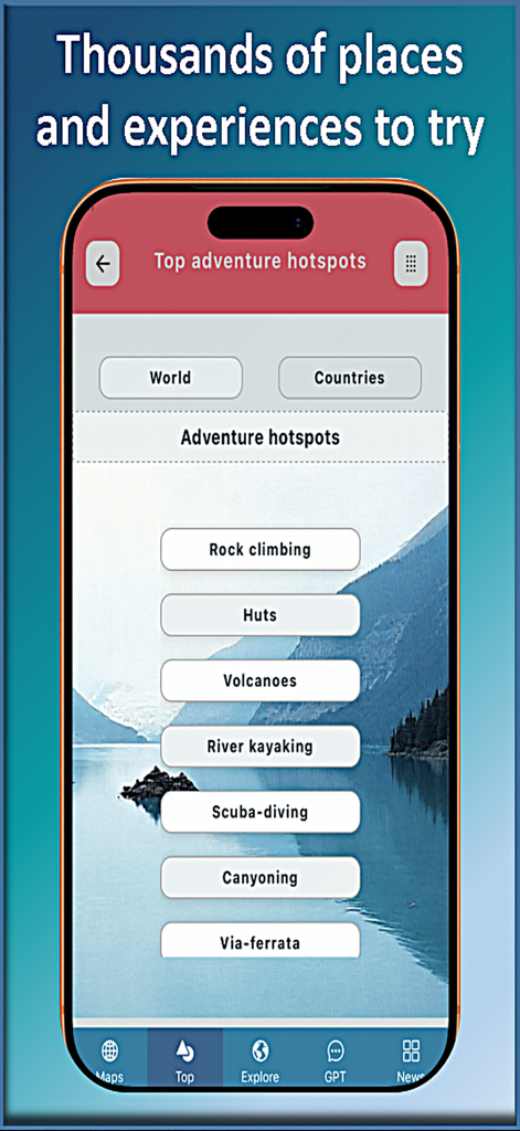 Trail Explorer - Trail Explorer mobile app displaying a list of top adventure hotspots and outdoor activity categories