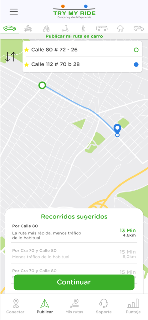 Try My Ride - Try My Ride mobile app interface showing a city map with a carpooling route and suggested travel times