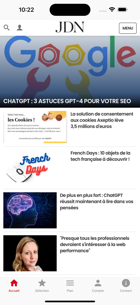 Journal du Net - Interface of the Journal du Net app displaying a feed of business and technology news articles.