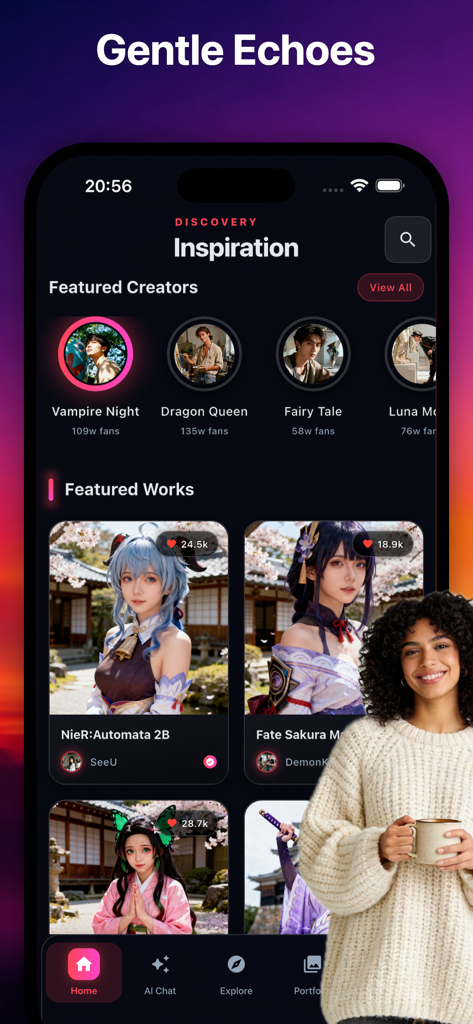 Nexus - Connect Together - Discovery screen of the Nexus app showing featured cosplay creators and artistic works