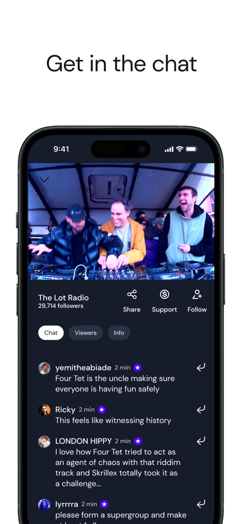 Mixcloud mobile app interface showing a live DJ set stream from The Lot Radio with an active community chat