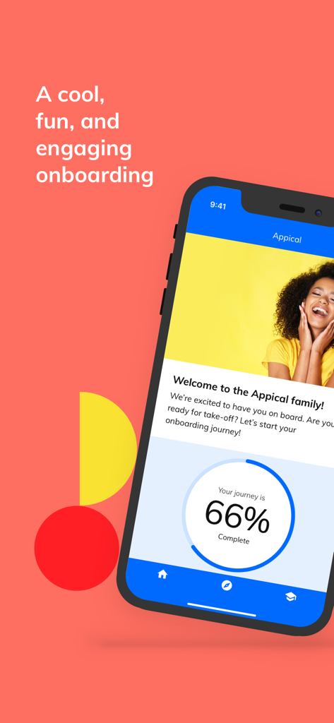 Appical, the onboarding app - Un écran mobile de l'application Appical affichant un message de bienvenue et une roue de progression de soixante-six pour cent pour le parcours d'un nouvel employé.