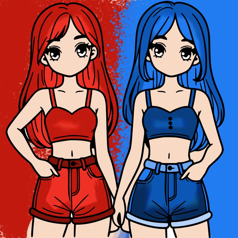 two sisters with crop tops and jean shorts and straight hair