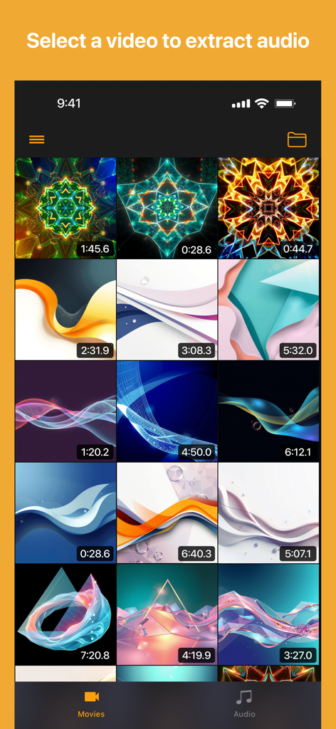 Video selection gallery in the Export Audio app showing various video thumbnails and their durations for audio extraction.