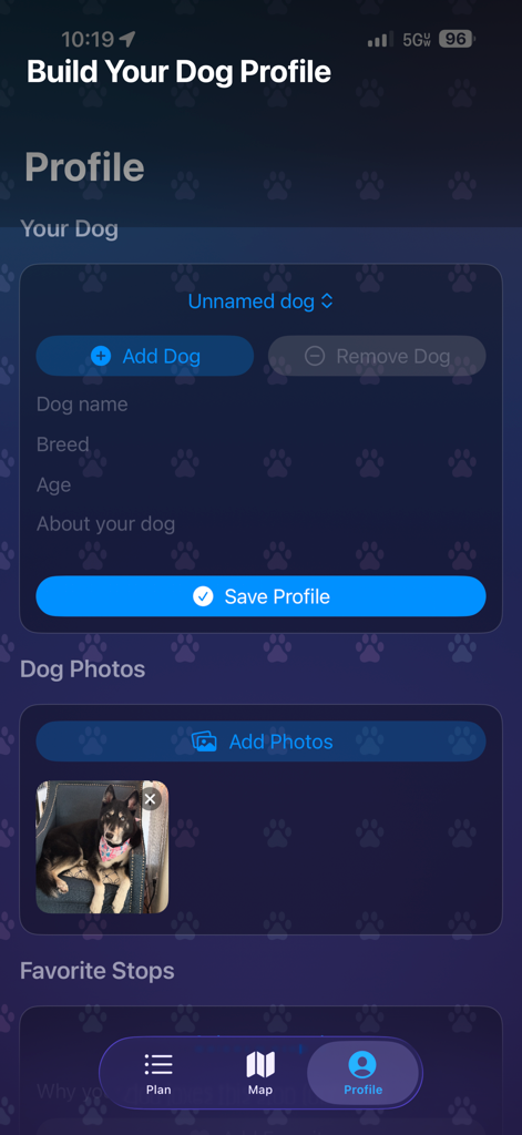 PetStop: Dog Road Trip Planner - The dog profile setup screen in the PetStop road trip planner app