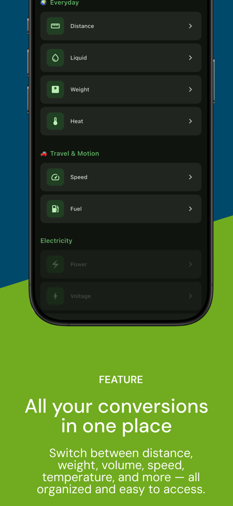 Measure Converter App - Measure Converter App interface showing organized unit conversion categories like distance weight and speed.