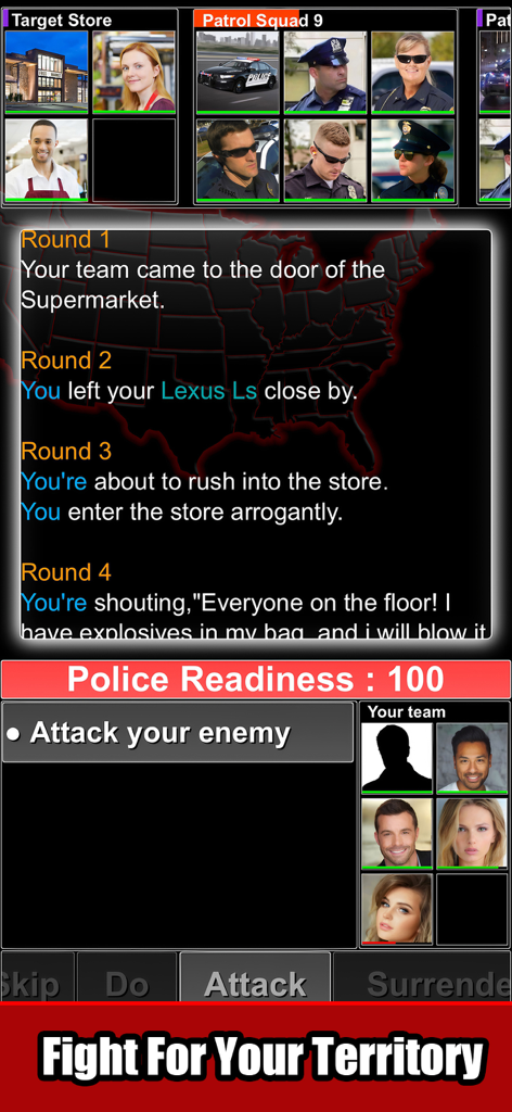 Crime Life Simulator -Text GTA - A text-based heist gameplay screen in Crime Life Simulator featuring tactical choices and character portraits.