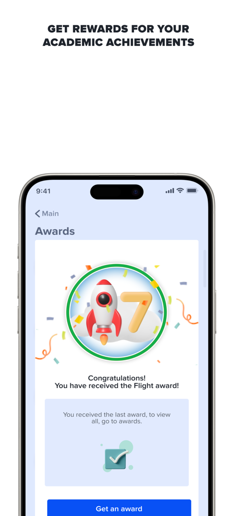 Achievement screen in the AR Book app showing a rocket-themed Flight award for academic progress.