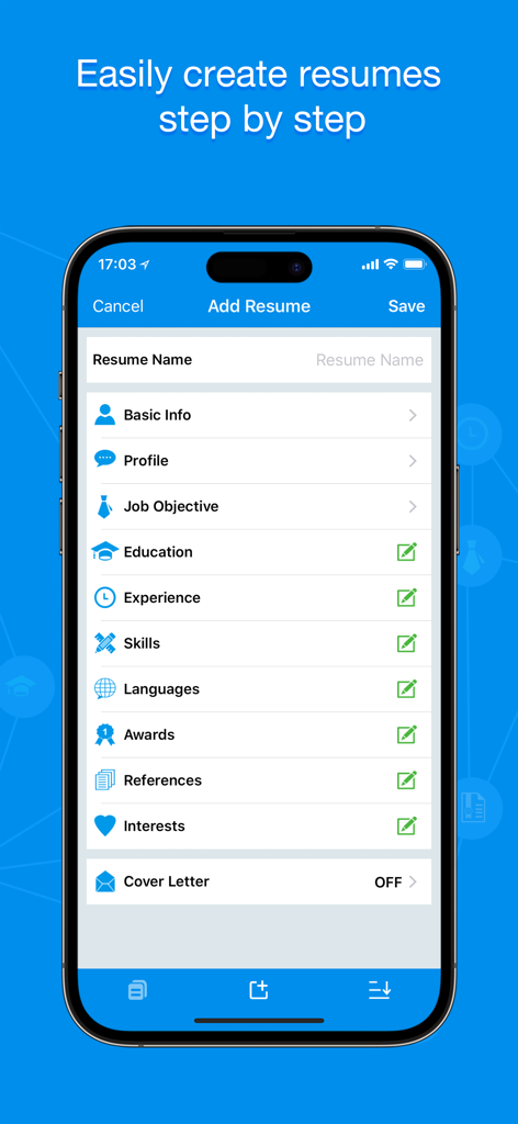 Quick Resume Pro - Quick Resume Pro app interface showing step by step resume sections including education and experience