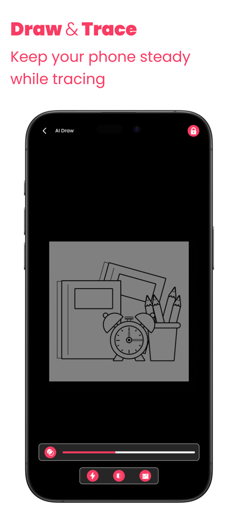 AR Draw : Trace To Sketch - Écran de smartphone montrant l'interface de l'application AR Draw avec un dessin au trait de fournitures scolaires prêt à être tracé.